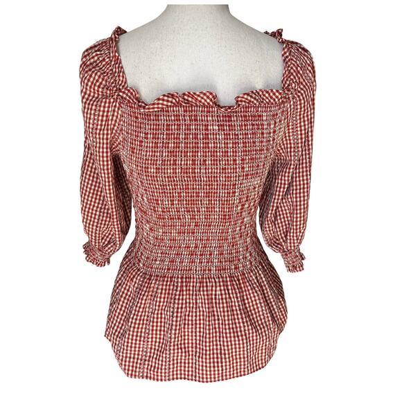 Max Studio Burnt Orange Cream Plaid Ruffle Top Small - Picture 2 of 4